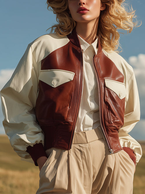 Veste aviateur cropped en simili cuir à motifs color-block chic