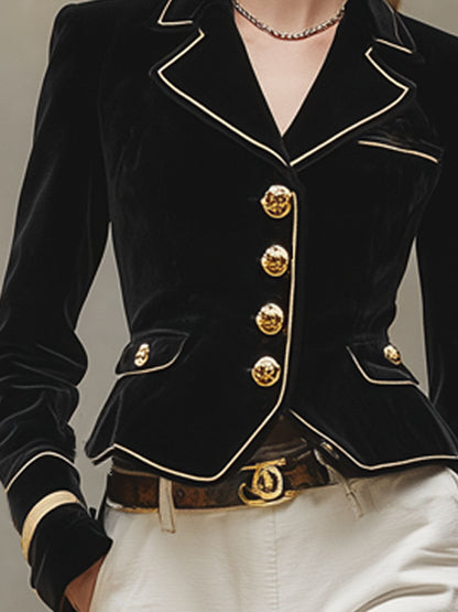 Blazer Velours Noir Cintré avec Col Cranté et Détails Dorés