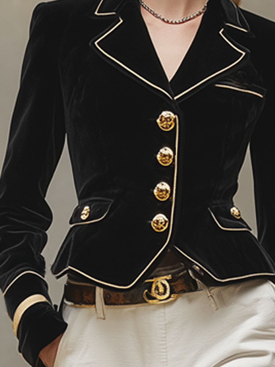 Blazer Noir en Velours à Revers Classique avec Éléments Dorés