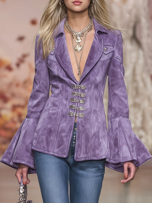 Veste Romantique en Faux Suède Violet avec Boutons et Revers Vintage