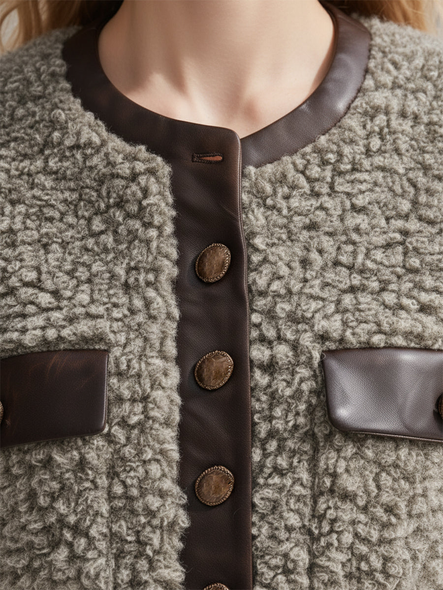 Veste Rétro en Fausse Fourrure avec Détails en Simili Cuir et Col Rond