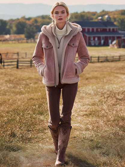 Veste à Capuche en Suède Synthétique Rose avec Doublure en Fleece - Style Vintage Western