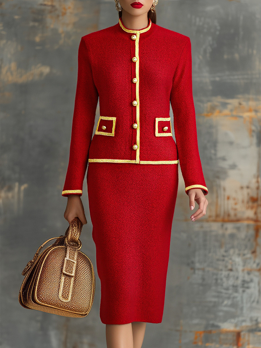 Ensemble Chic : Cardigan Rétro en Tricot et Jupe Stylée