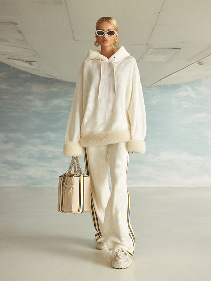 Ensemble Tricot Crème Blanc : Sweat à Capuche et Pantalons à Jambes Larges