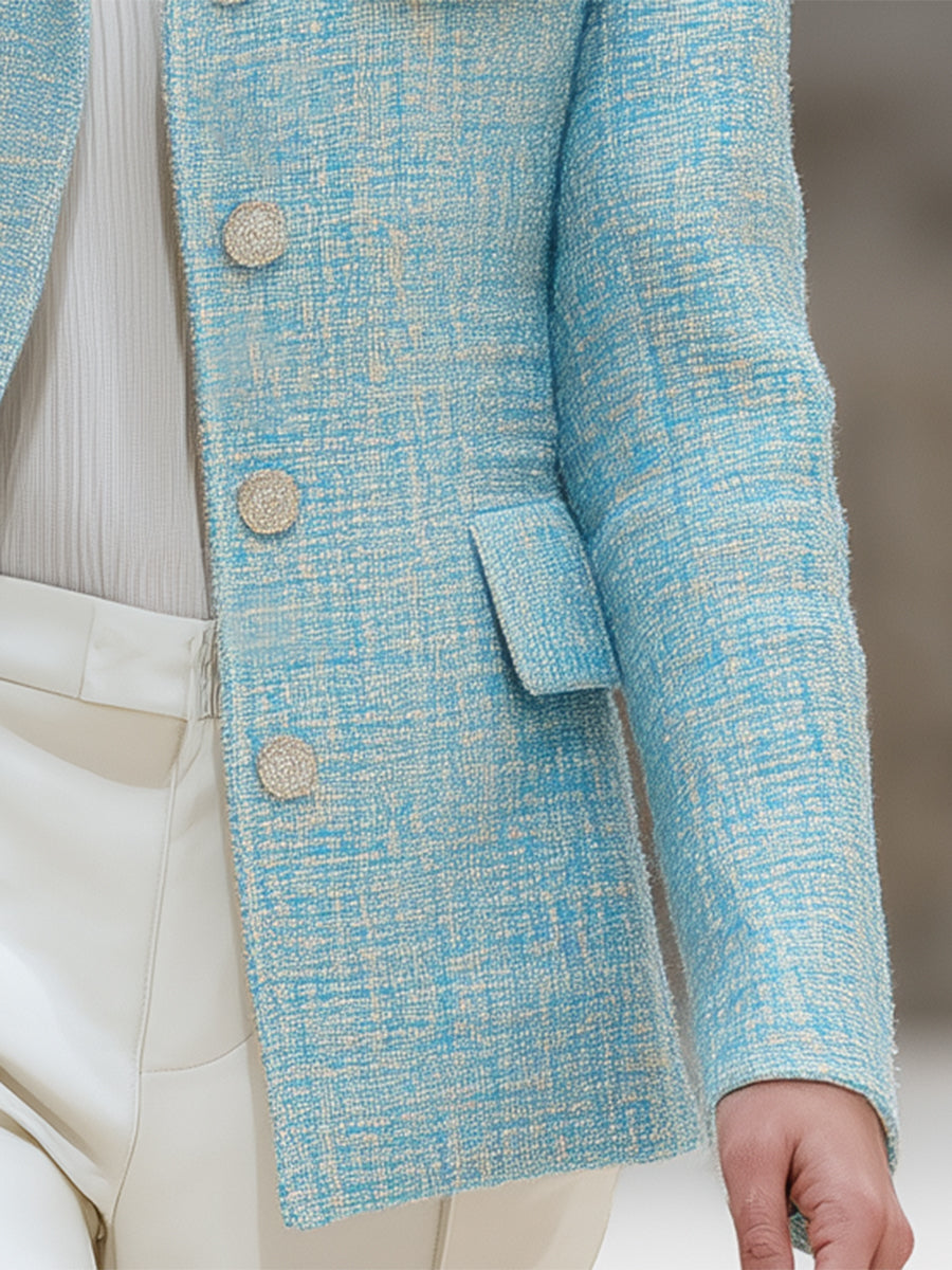 Veste en Tweed Bleu Élégante avec Poches à Boutons Argentés
