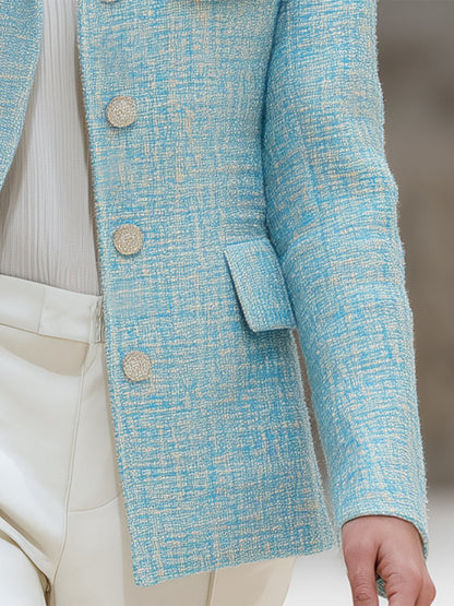 Veste en Tweed Bleu Élégante avec Poches à Boutons Argentés