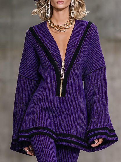 Chic et Tendance : Ensemble Haut Tricoté à Demi-Zip et Pantalons Évasés Violets