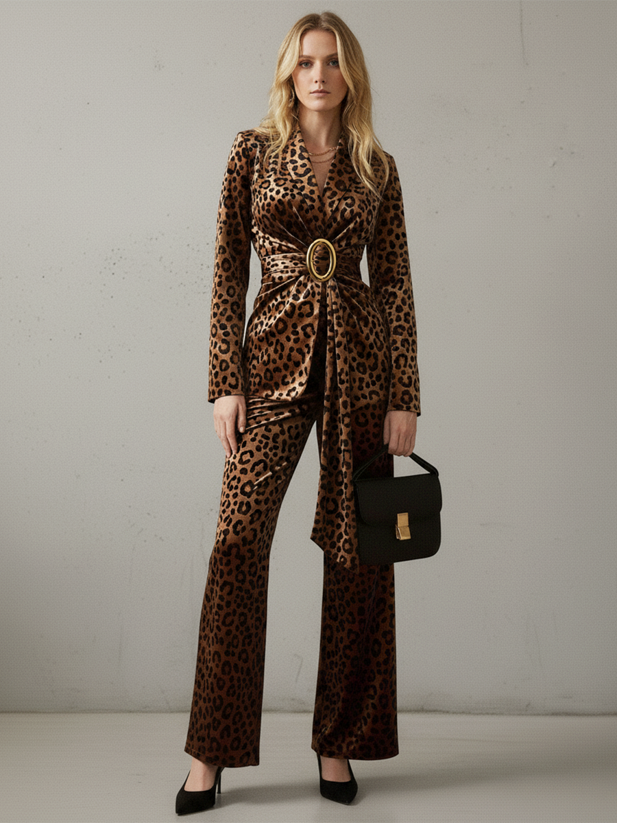 Ensemble Vintage en Velours Imprimé Léopard : Veste et Pantalon Chic