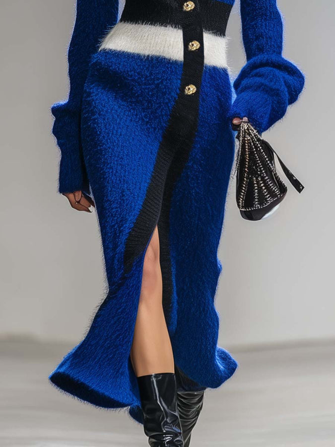Robe Midi Tricotée Bleu Royal à Décolleté en V et Boutons Obliques