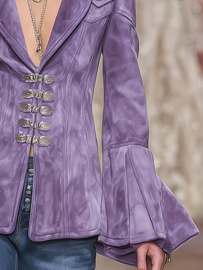 Veste Romantique en Faux Suède Violet avec Boutons et Revers Vintage
