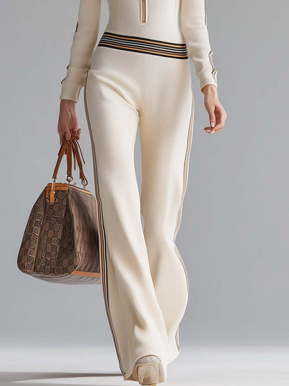 Veste Sportive à Capuche en Tricot avec Col V et Fermeture Éclair - Blanc Cassé