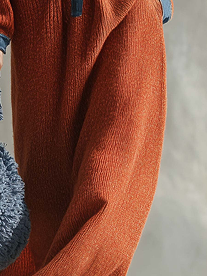 Robe Maxi Orange Tricotée avec Accents en Jean - Élégance Décontractée