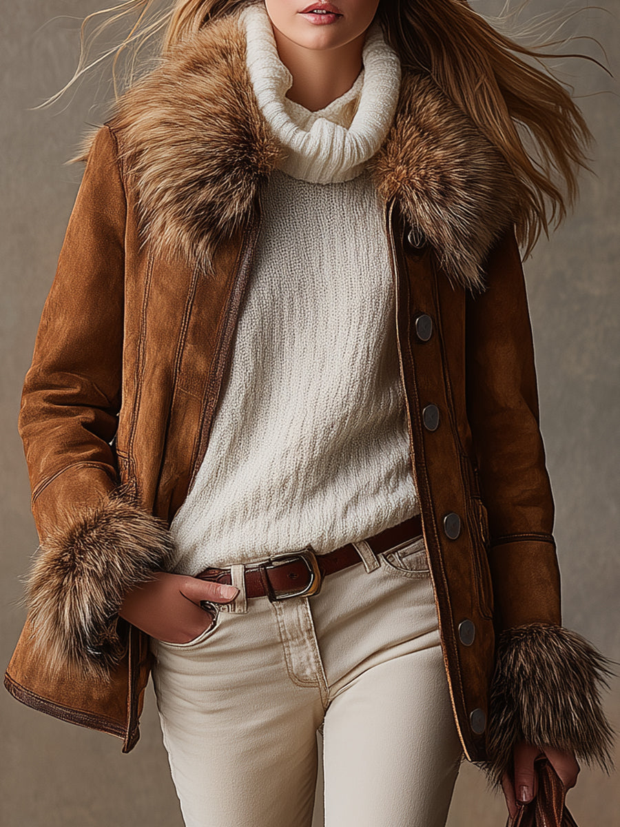 Veste Marron en Suède Synthétique avec Finition Vintage Western en Laine