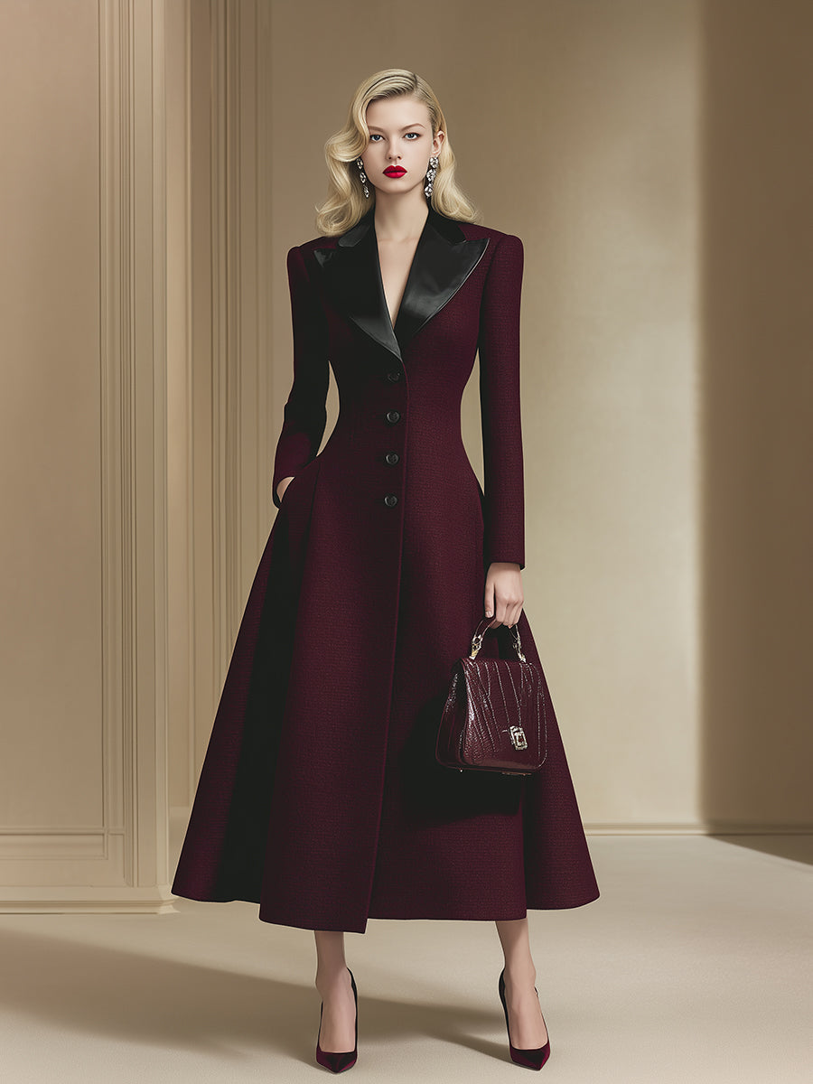 Veste en Laine Bourgogne avec Col en Satin Noir - A-Line Élégante et Luxueuse