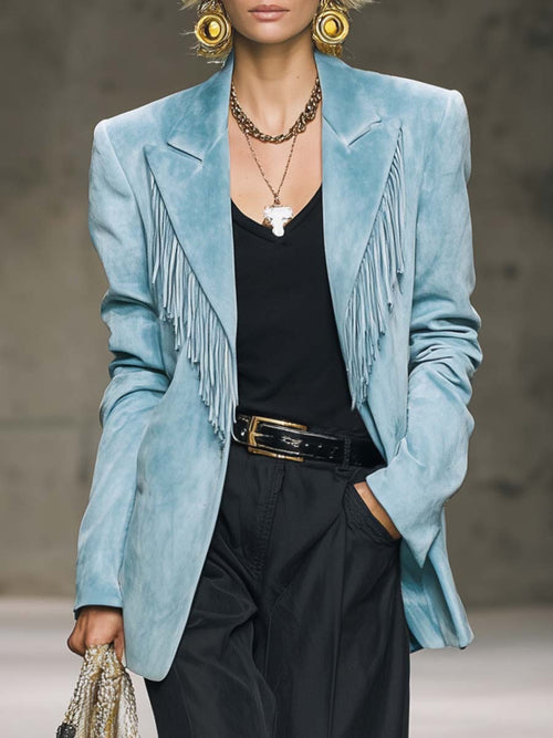 Veste en Suède Bleu Clair au Style Vintage Western avec Franges Élégantes
