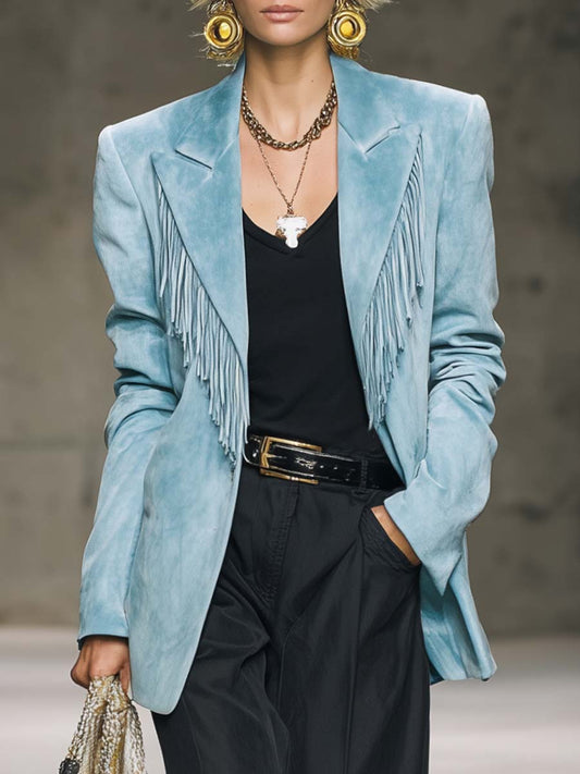 Veste en Suède Bleu Clair au Style Vintage Western avec Franges Élégantes