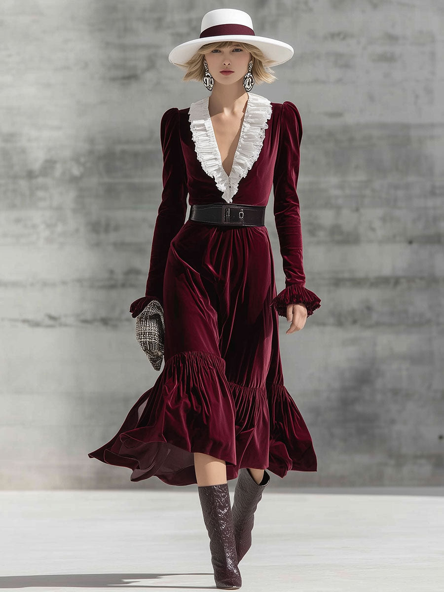 Robe Midi Rétro en Velours Bourgogne