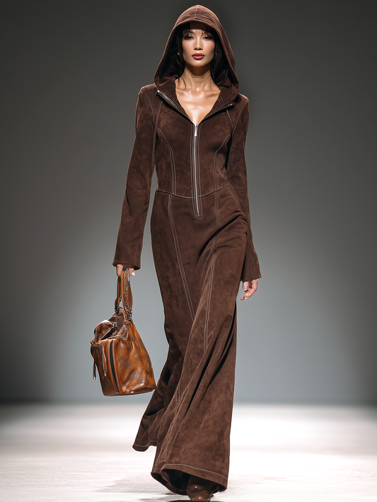 Robe Maxi Vintage Western à Capuche et Fermeture Éclair en Suédine