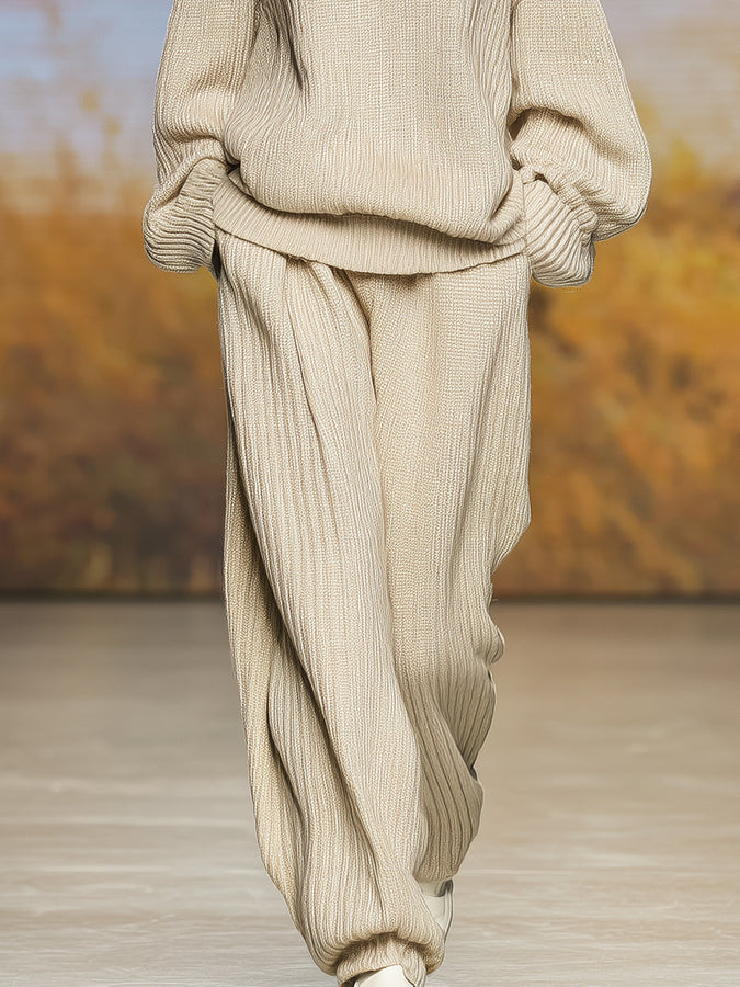 Ensemble Décontracté Beige en Tricot avec Col Roulé et Pantalon