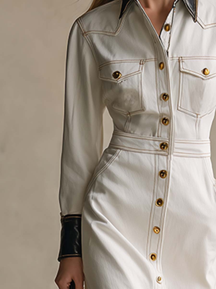 Robe Maxi en Denim Blanc Chic avec Détails en Cuir