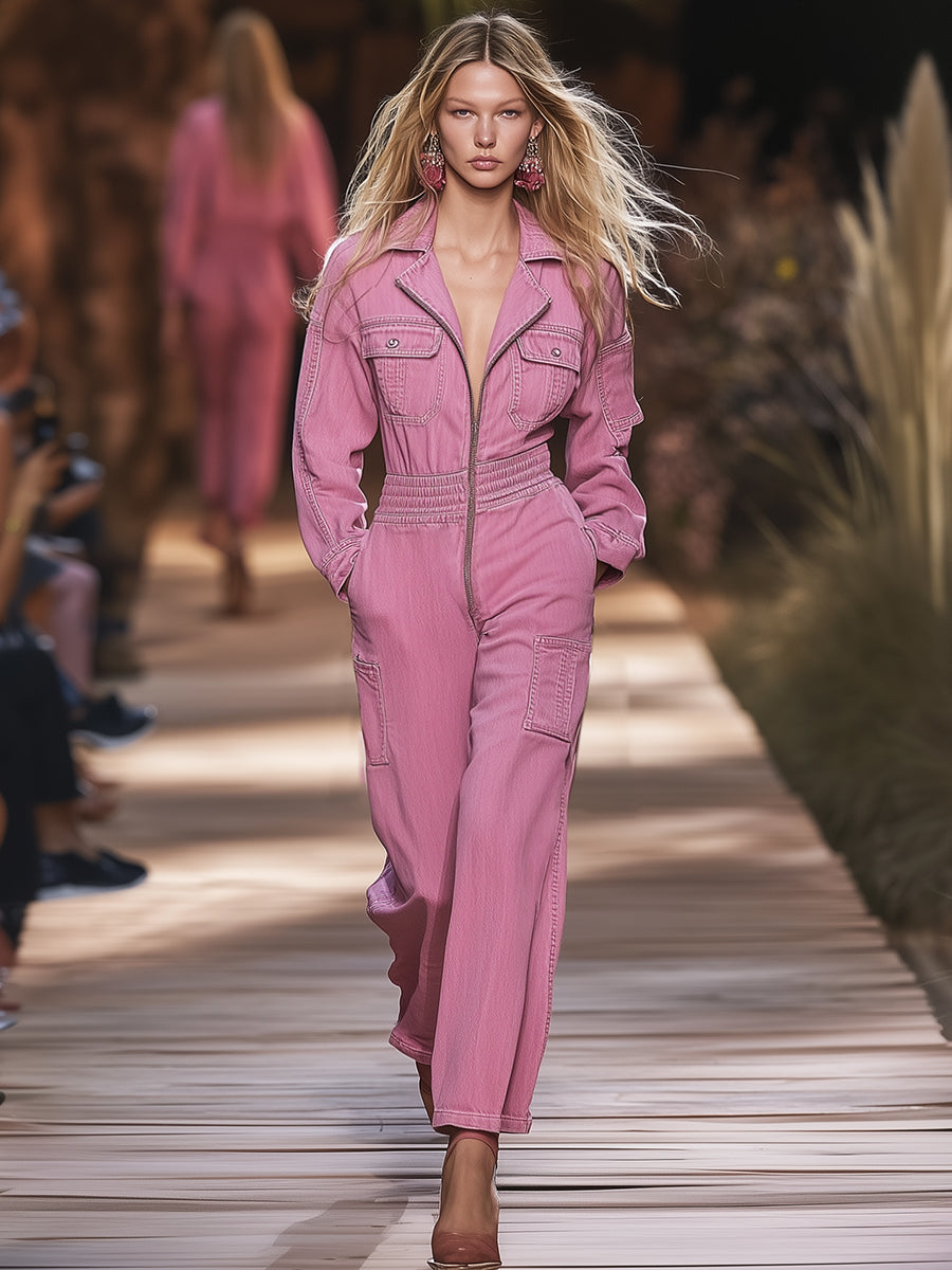 Salopette en Jean Rose Vintage à Poches Multiples et Fermeture Éclair