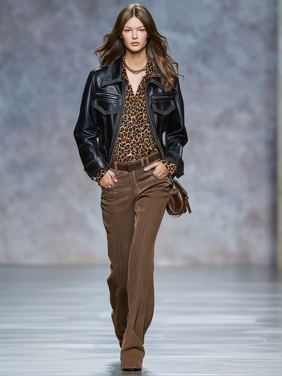 Veste en simili cuir noir avec zip et col vintage élégant