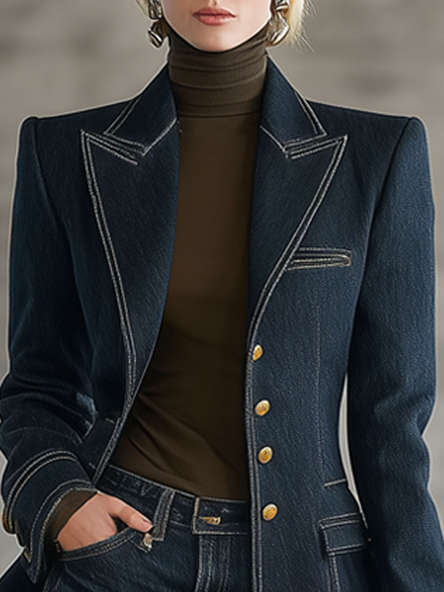 Veste en Jean Bleu Marine avec Détails Rétro