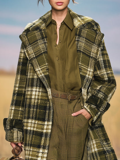 Veste Décontractée à Carreaux Verts Militaires avec Revers Rétro