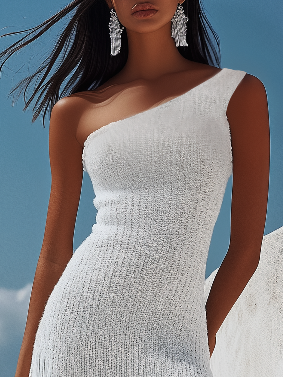 Robe Midi Tricotée Élégante à Une Épaule avec Franges - Expédition en 24 Heures !