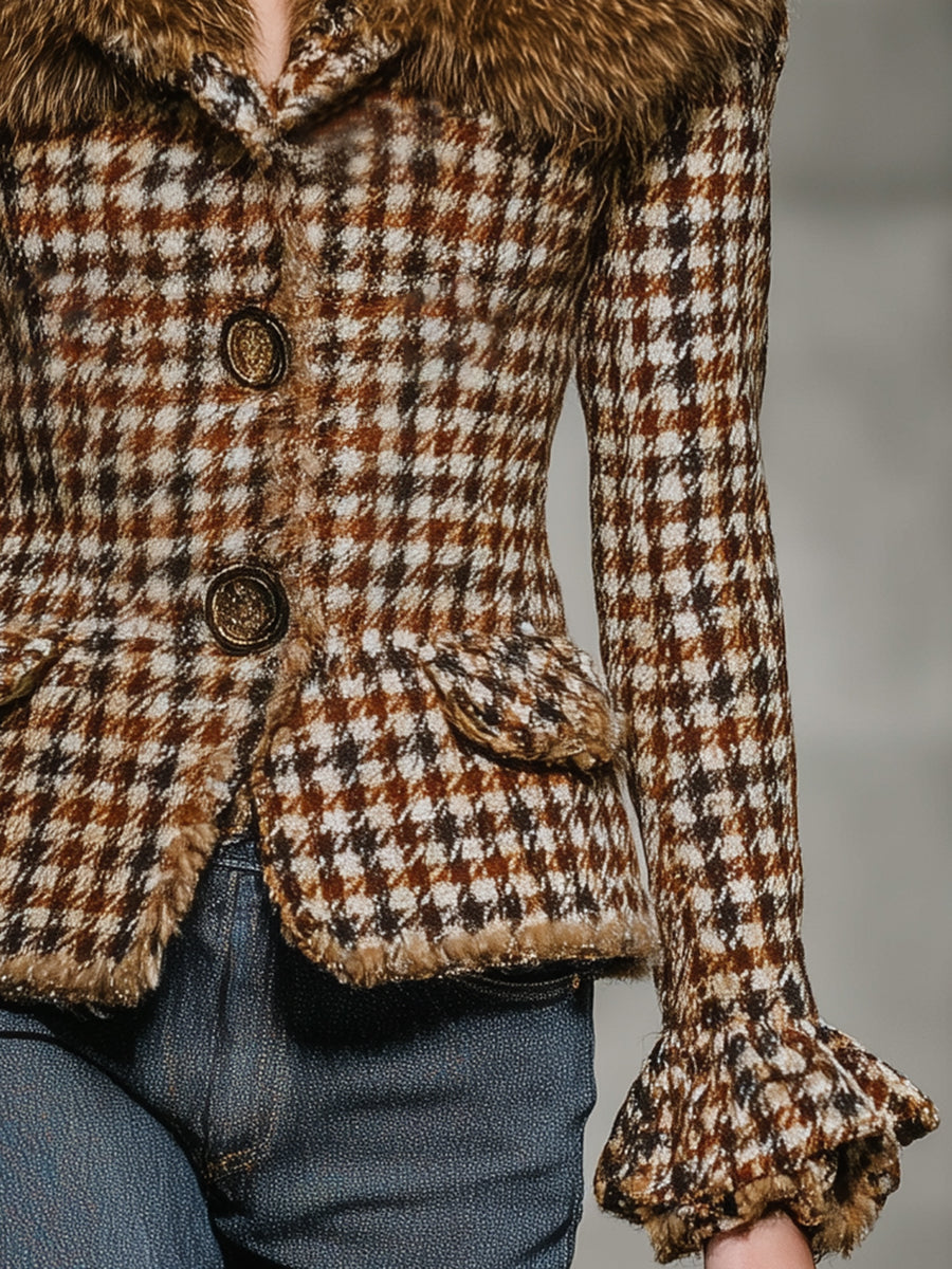 Veste courte à carreaux marron avec luxueuse doublure en fourrure