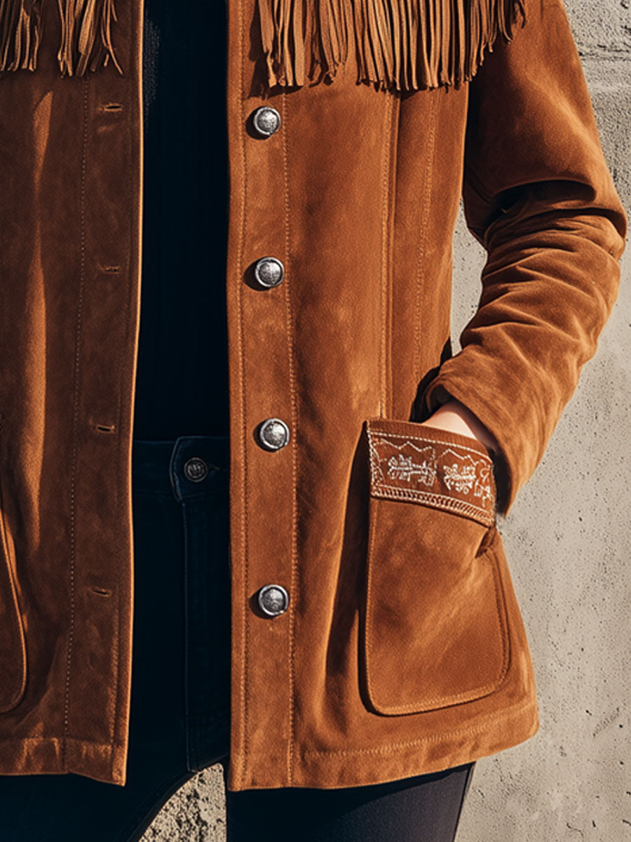 Veste Western en Faux Suède Brodée avec Col Sherpa