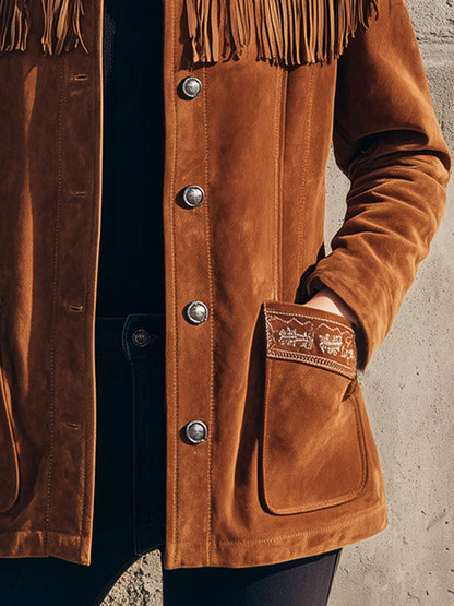 Veste Western en Faux Suède Brodée avec Col Sherpa