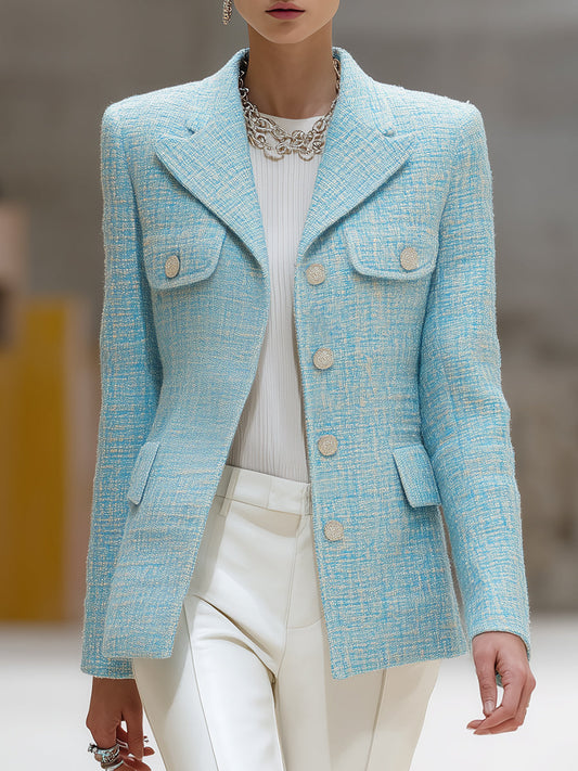 Veste en Tweed Bleu Élégante avec Poches à Boutons Argentés