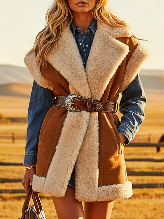 Veste en Velours Synthétique Brun au Style Western Rétro