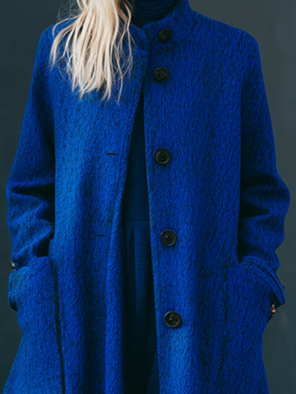 Chic Manteau Mi-Long Bleu Royal à Col Montant