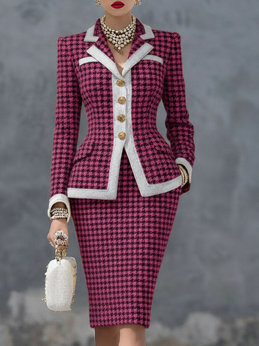 Élégant Ensemble Blazer et Jupe en Houndstooth