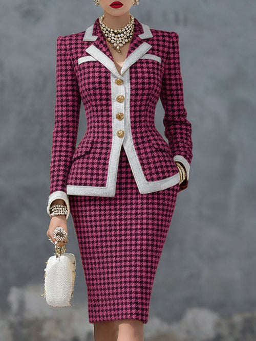 Élégant Ensemble Blazer et Jupe en Houndstooth