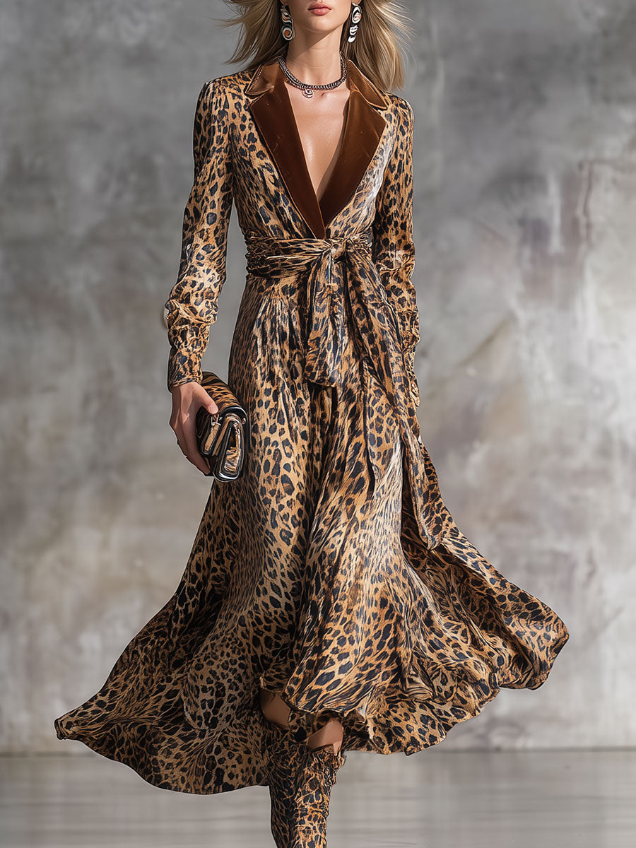 Robe Midi Rétro en Velours à Imprimé Léopard avec Col Élégant