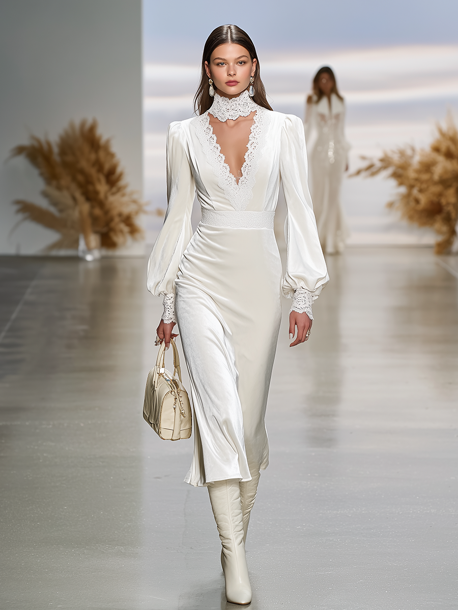 Robe Maxi Velours Élégante avec Détails en Dentelle, Manches Lanternes et Décolleté en V - Style Rétro Chic