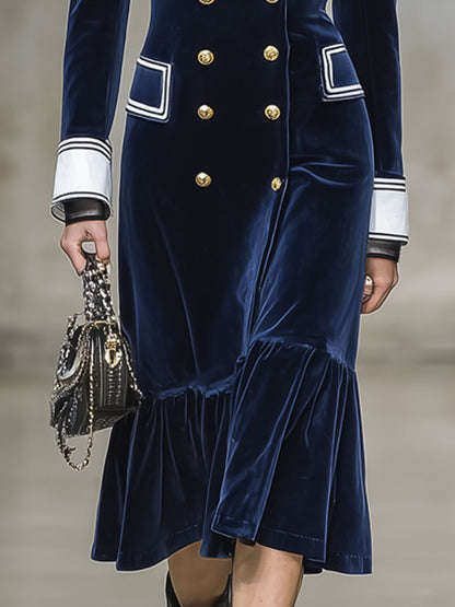 Robe Midi en Velours Marine à Volants avec Détails Blancs - Élégance Rétro Décontractée