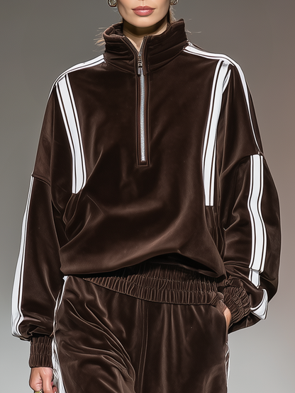 Ensemble Sportif Rétro : Sweat-shirt à Col Montant Zippé et Pantalon Contrasté