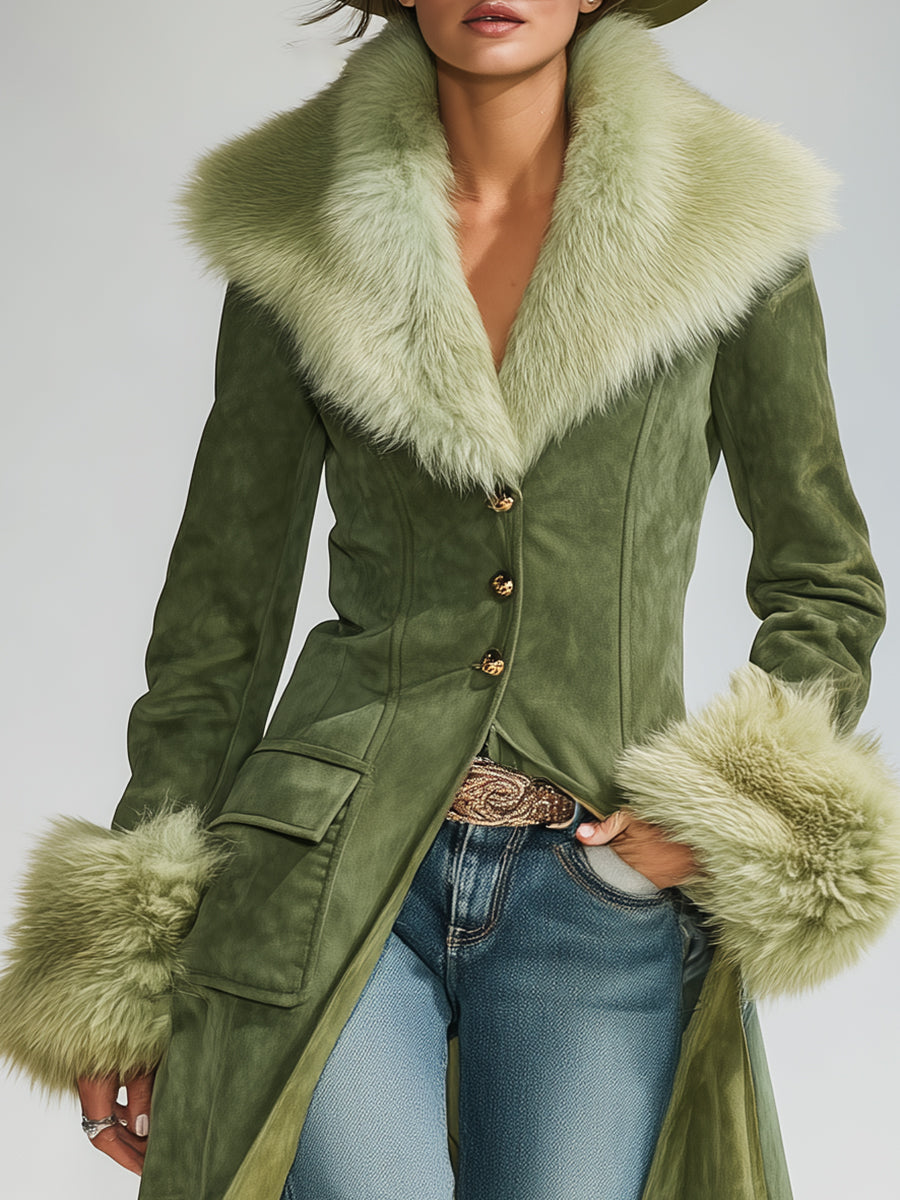 Veste en Suède Synthétique Vert avec Col en Fausse Fourrure au Style Vintage