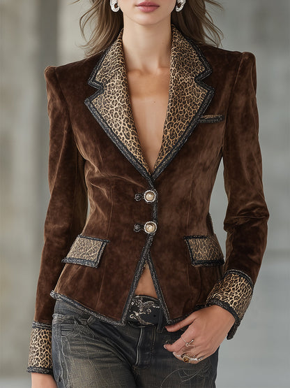 Western-Style Leopard Print Webbing Button with Faux Suede