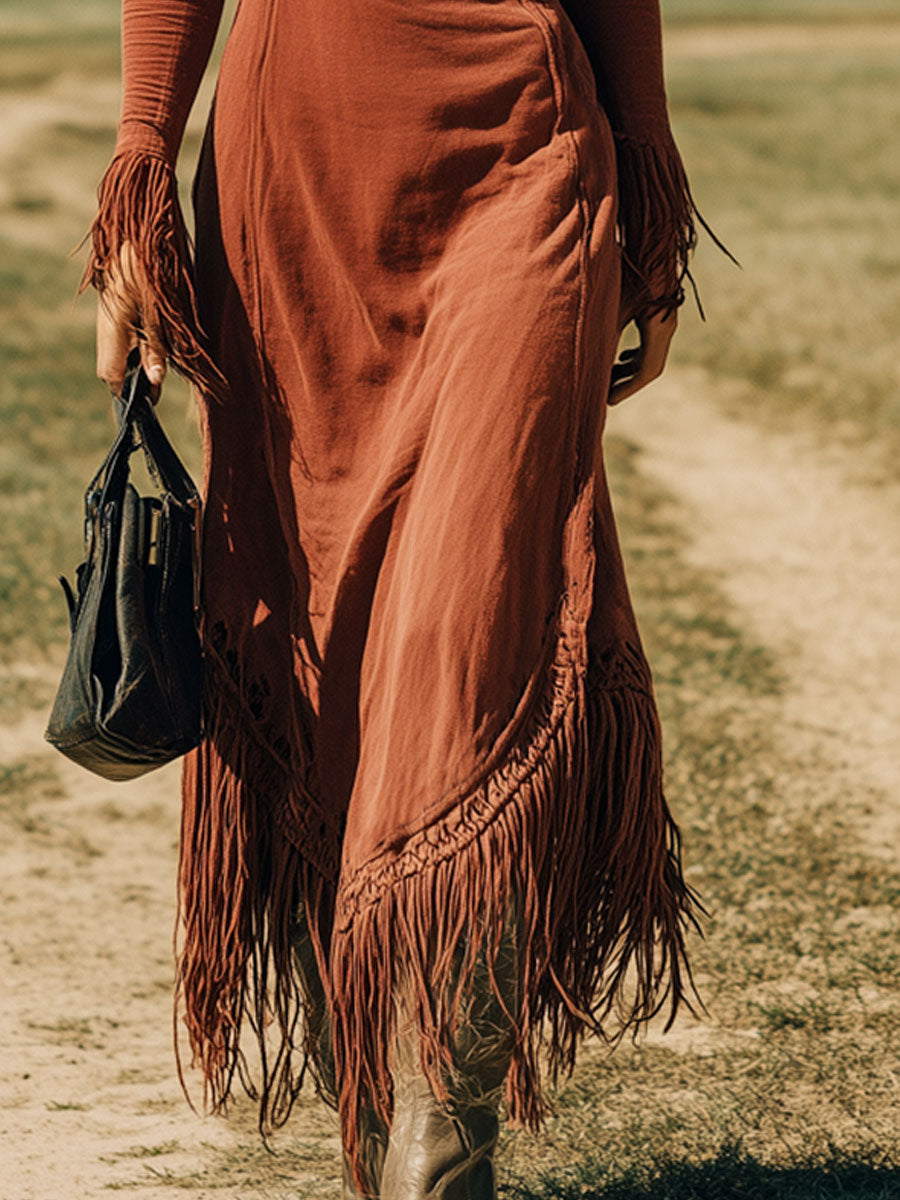 Robe Maxi Rouge Brique Rétro avec Manches Longues et Franges