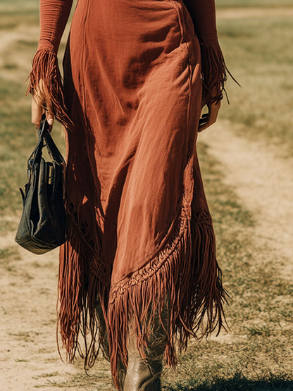 Robe Maxi Rouge Brique Rétro avec Manches Longues et Franges