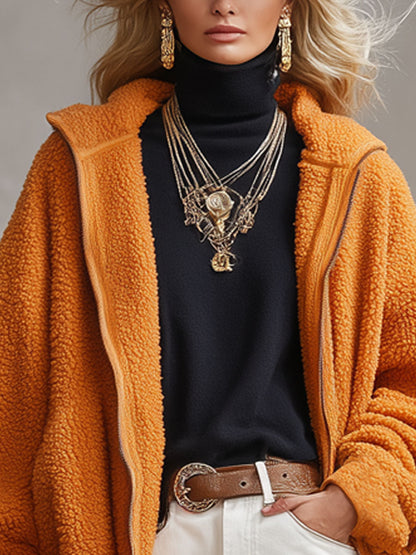 Veste Polaire Orange à Capuche et Fermeture Éclair