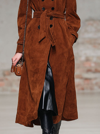 Trench en Suédine à Double Boutonnage avec Lacets - Coupe Oversized