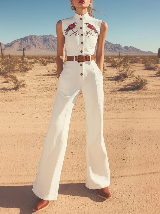 Expédition rapide en 24 heures : Combinaison sans manches à col montant brodé au charme rétro western
