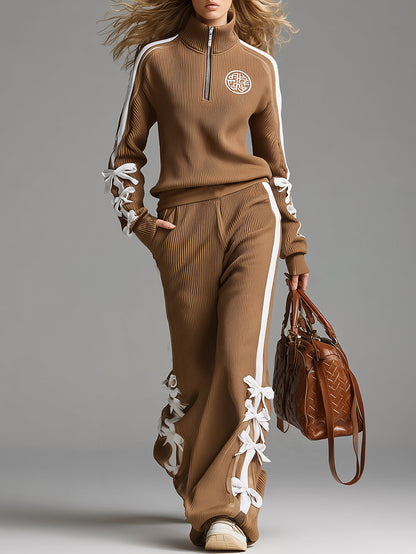 Ensemble Sportif Chic : Haut Zippé Demi et Pantalons Amples avec Nœud Marron