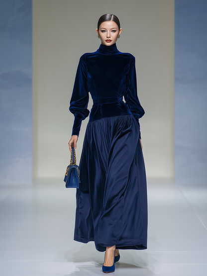 Robe Vintage Chic en Velours Satin avec Col Montant et Manches Longues